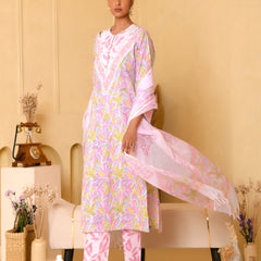 (Vaasva) Women grey floral block printed suit set with kota doria dupatta (Set of 5pc)
