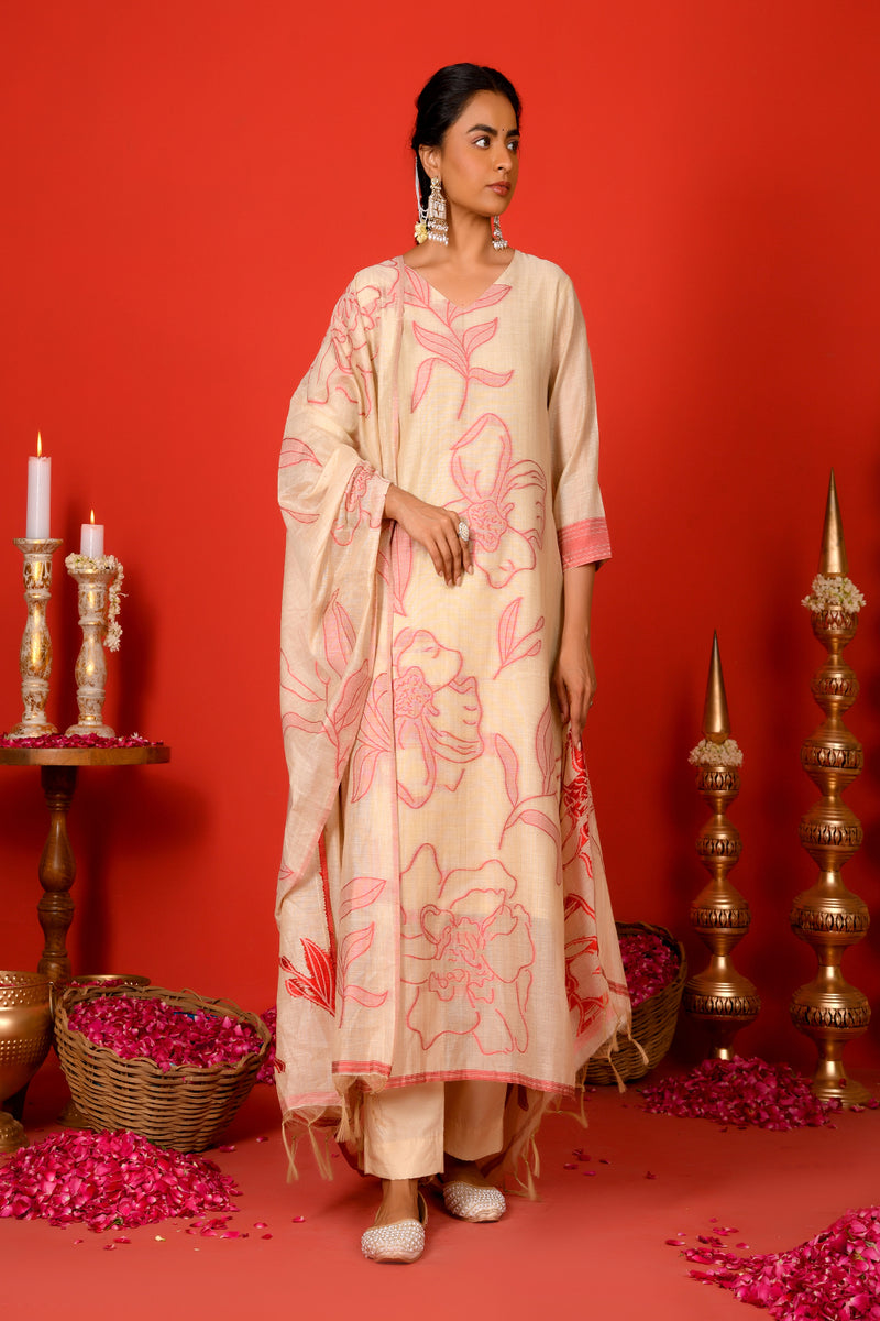 (Vaasva) Women red pear shaped block printed suit set (Set of 5pc)