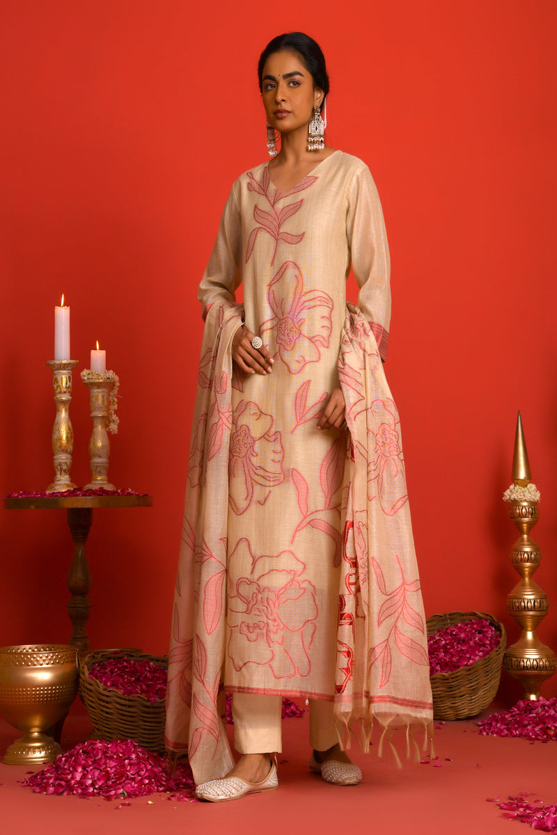 (Vaasva) Women red pear shaped block printed suit set (Set of 5pc)