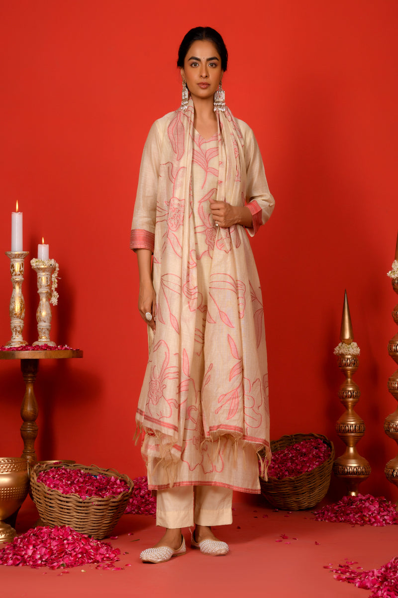 (Vaasva) Women red pear shaped block printed suit set (Set of 5pc)