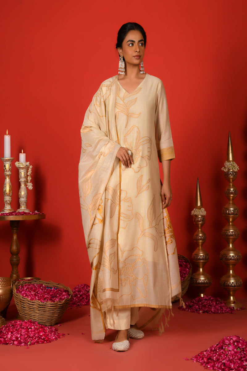 (Vaasva) Women mustard floral jamdani placement suit set (Set of 5pc)