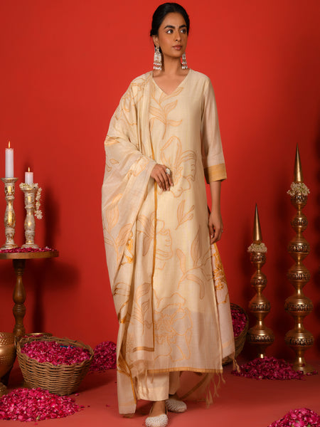 (Vaasva) Women mustard floral jamdani placement suit set (Set of 5pc)