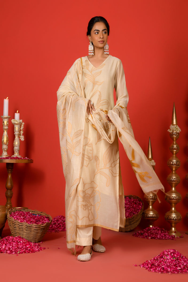 (Vaasva) Women mustard floral jamdani placement suit set (Set of 5pc)