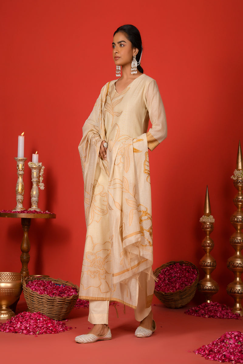 (Vaasva) Women mustard floral jamdani placement suit set (Set of 5pc)