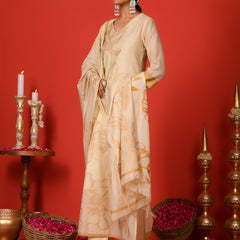 (Vaasva) Women mustard floral jamdani placement suit set (Set of 5pc)