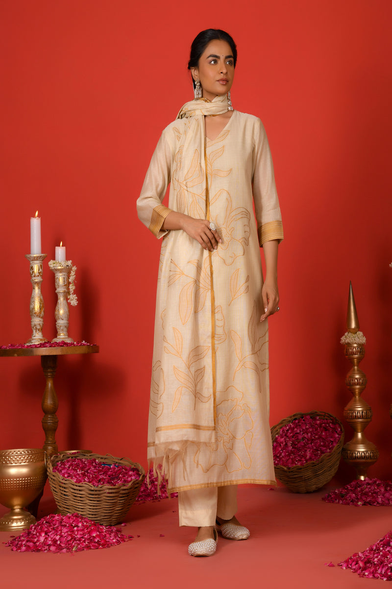 (Vaasva) Women mustard floral jamdani placement suit set (Set of 5pc)