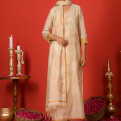 (Vaasva) Women mustard floral jamdani placement suit set (Set of 5pc)