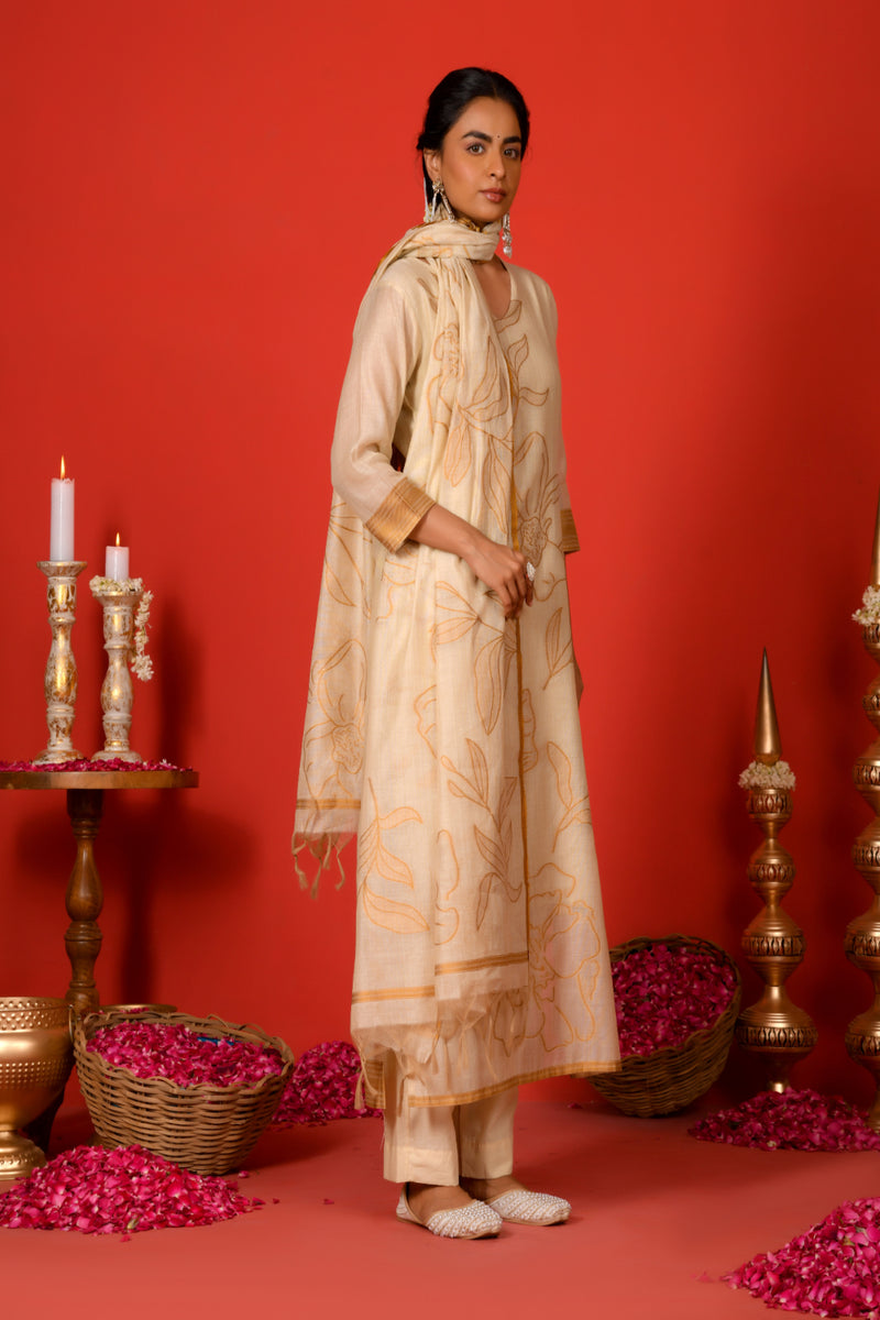 (Vaasva) Women mustard floral jamdani placement suit set (Set of 5pc)