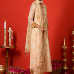 (Vaasva) Women mustard floral jamdani placement suit set (Set of 5pc)