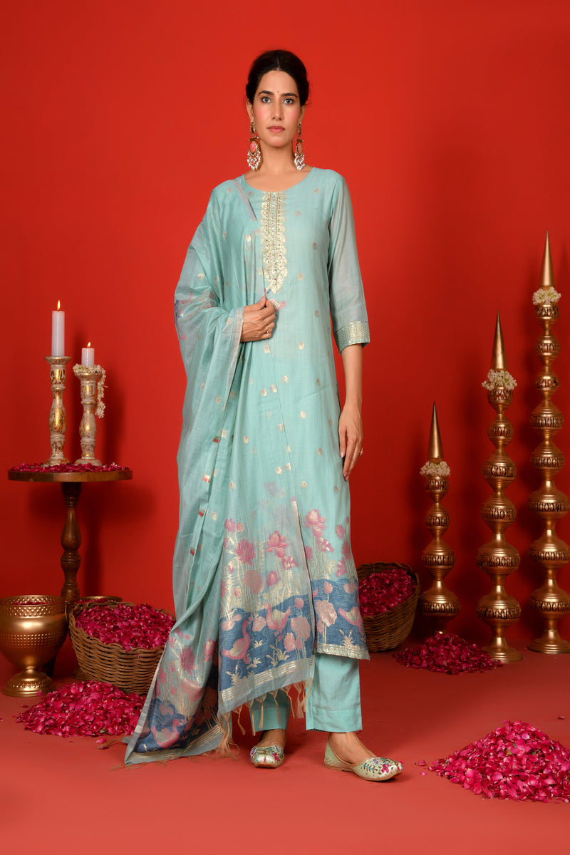 (Vaasva) Women sky blue fauna  jamdani suit set (Set of 5pc)