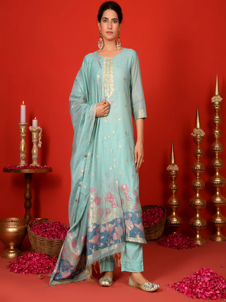 (Vaasva) Women sky blue fauna  jamdani suit set (Set of 5pc)