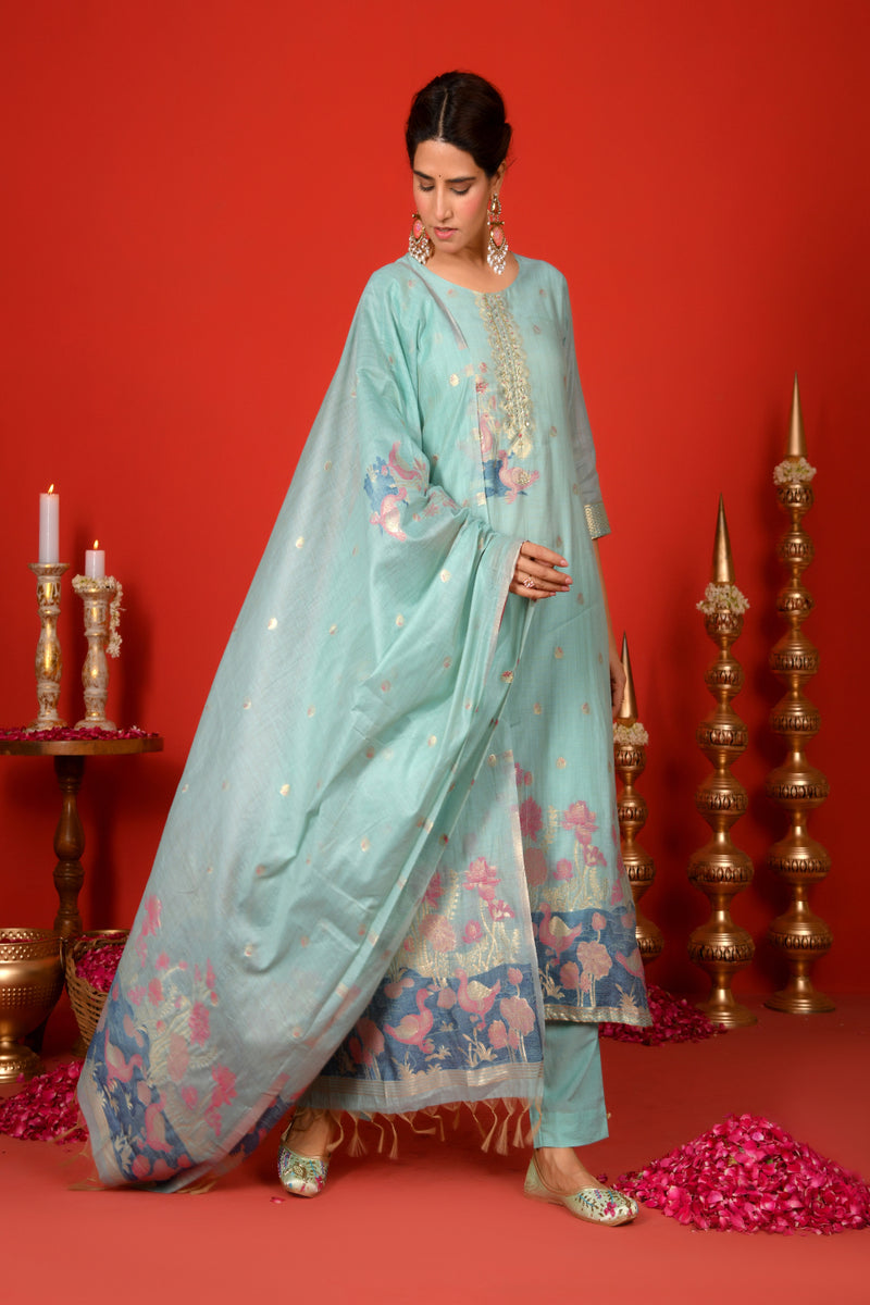 (Vaasva) Women sky blue fauna  jamdani suit set (Set of 5pc)