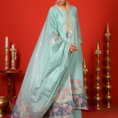 (Vaasva) Women sky blue fauna  jamdani suit set (Set of 5pc)