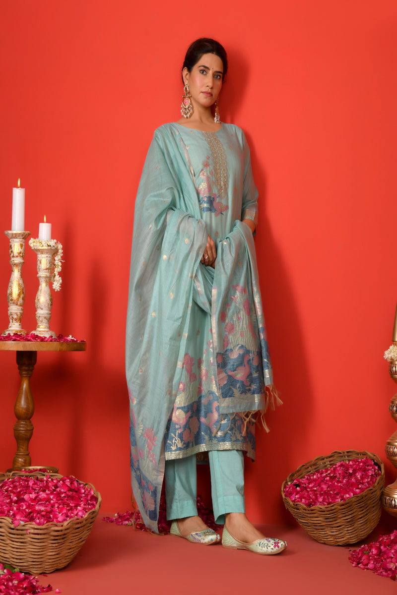 (Vaasva) Women sky blue fauna  jamdani suit set (Set of 5pc)