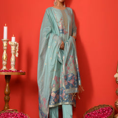 (Vaasva) Women sky blue fauna  jamdani suit set (Set of 5pc)