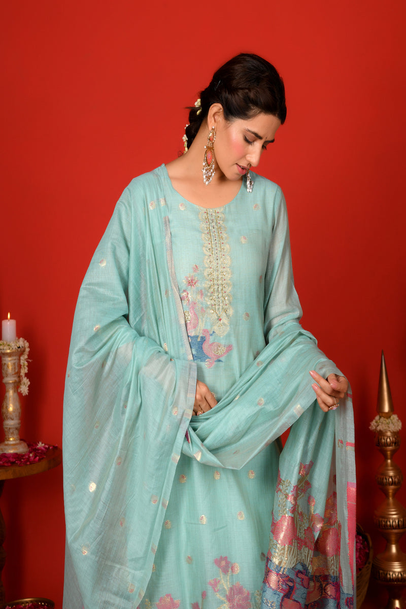 (Vaasva) Women sky blue fauna  jamdani suit set (Set of 5pc)