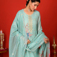 (Vaasva) Women sky blue fauna  jamdani suit set (Set of 5pc)