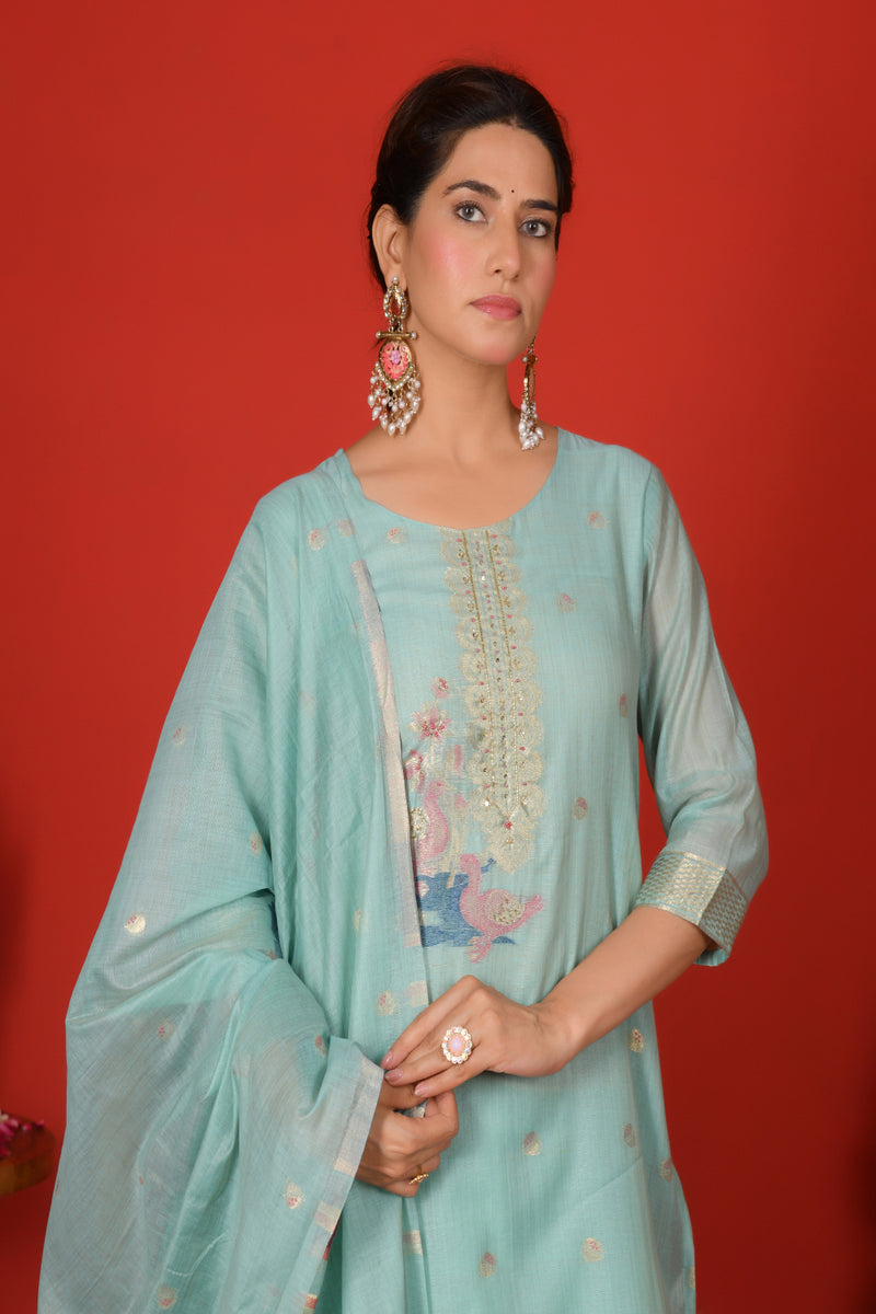 (Vaasva) Women sky blue fauna  jamdani suit set (Set of 5pc)