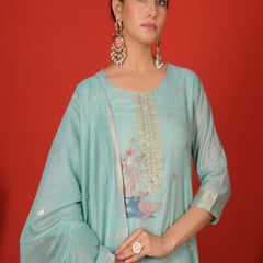 (Vaasva) Women sky blue fauna  jamdani suit set (Set of 5pc)
