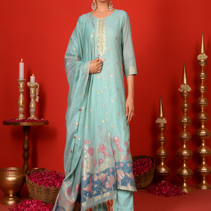 (Vaasva) Women sky blue fauna  jamdani suit set (Set of 5pc)