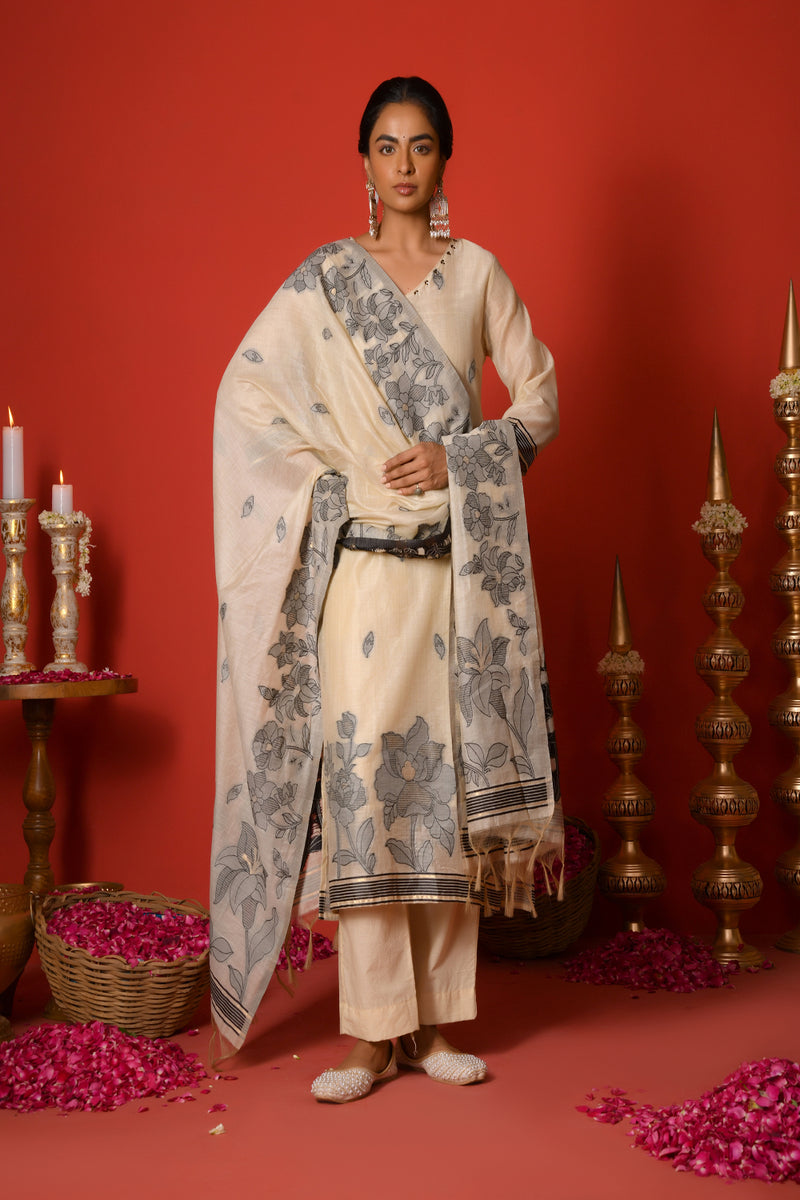 (Vaasva) Women Black leaf pattern jamdani suit set (Set of 5pc)