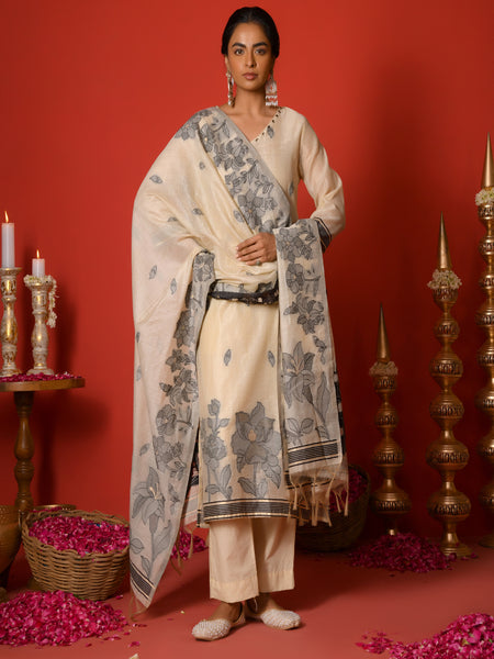 (Vaasva) Women Black leaf pattern jamdani suit set (Set of 5pc)