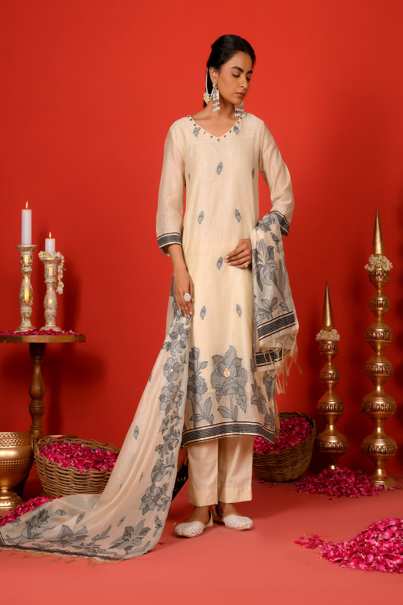(Vaasva) Women Black leaf pattern jamdani suit set (Set of 5pc)