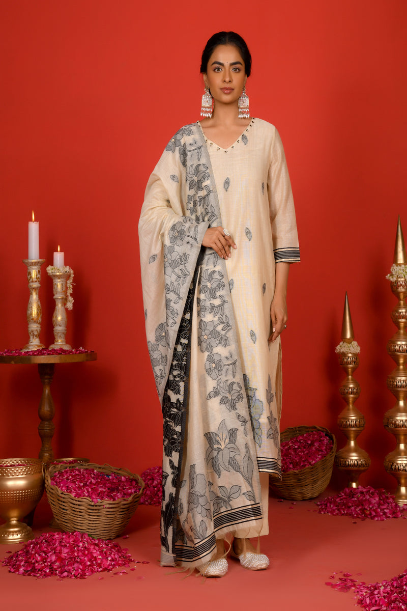 (Vaasva) Women Black leaf pattern jamdani suit set (Set of 5pc)