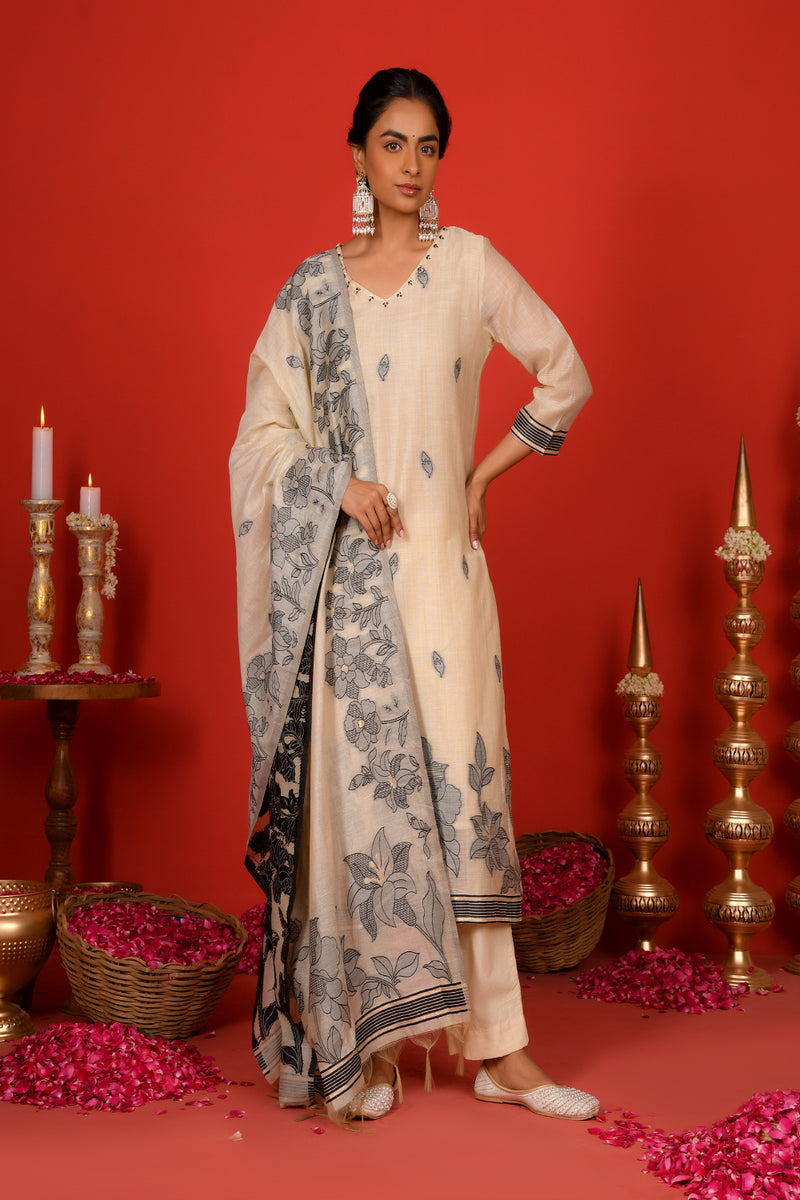 (Vaasva) Women Black leaf pattern jamdani suit set (Set of 5pc)