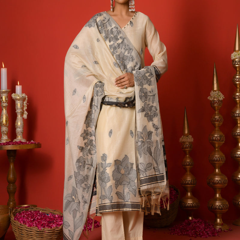 (Vaasva) Women Black leaf pattern jamdani suit set (Set of 5pc)