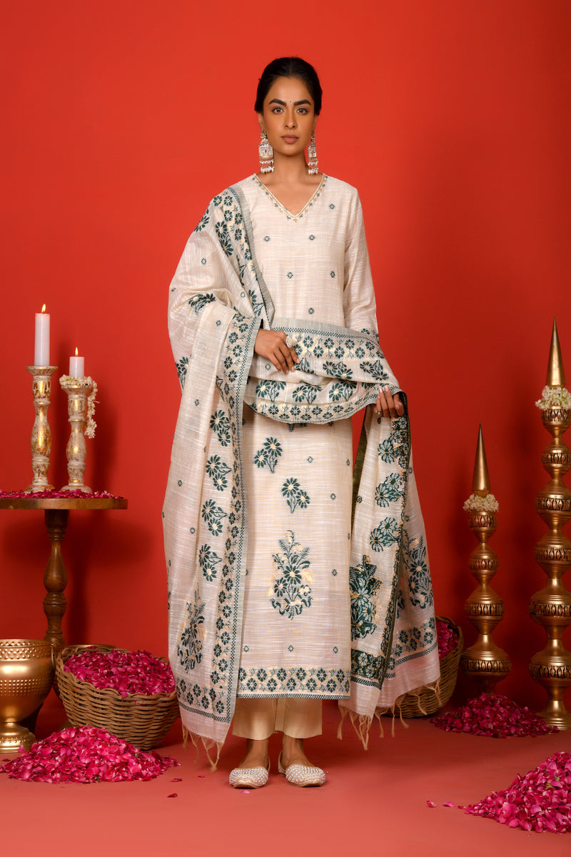(Vaasva) Women Dark green boonta pattern jamdani suit set (Set of 5pc)