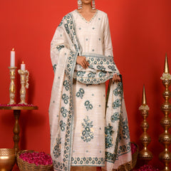 (Vaasva) Women Dark green boonta pattern jamdani suit set (Set of 5pc)
