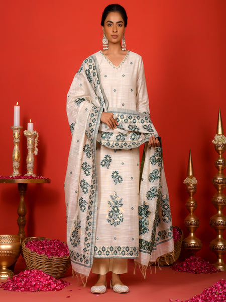 (Vaasva) Women Dark green boonta pattern jamdani suit set (Set of 5pc)