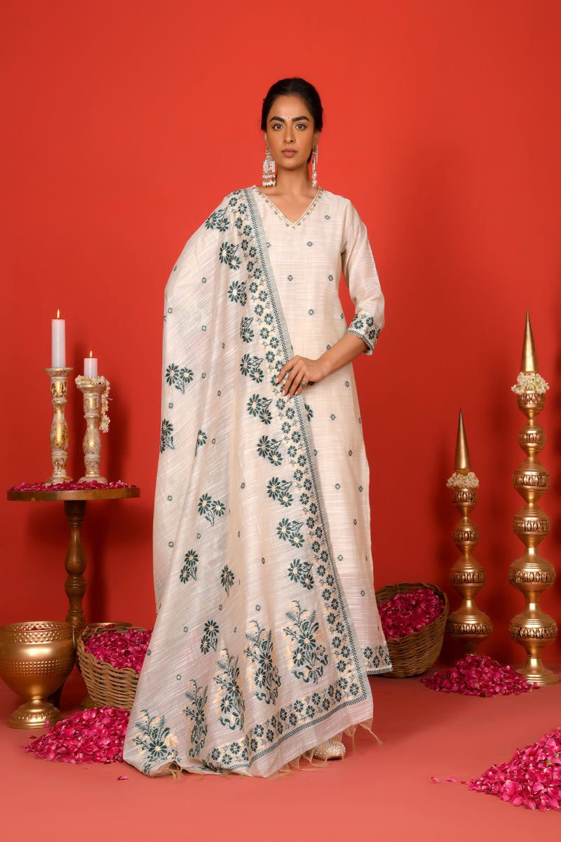 (Vaasva) Women Dark green boonta pattern jamdani suit set (Set of 5pc)