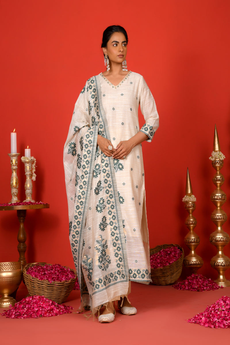 (Vaasva) Women Dark green boonta pattern jamdani suit set (Set of 5pc)