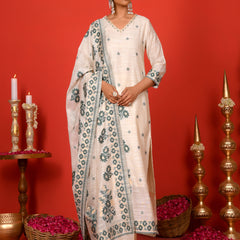 (Vaasva) Women Dark green boonta pattern jamdani suit set (Set of 5pc)