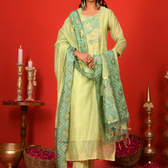 (Vaasva) Women Pastel Green butterfly floral pattern jamdani suits set (Set of 5pc)