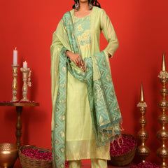 (Vaasva) Women Pastel Green butterfly floral pattern jamdani suits set (Set of 5pc)