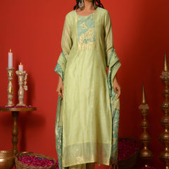(Vaasva) Women Pastel Green butterfly floral pattern jamdani suits set (Set of 5pc)