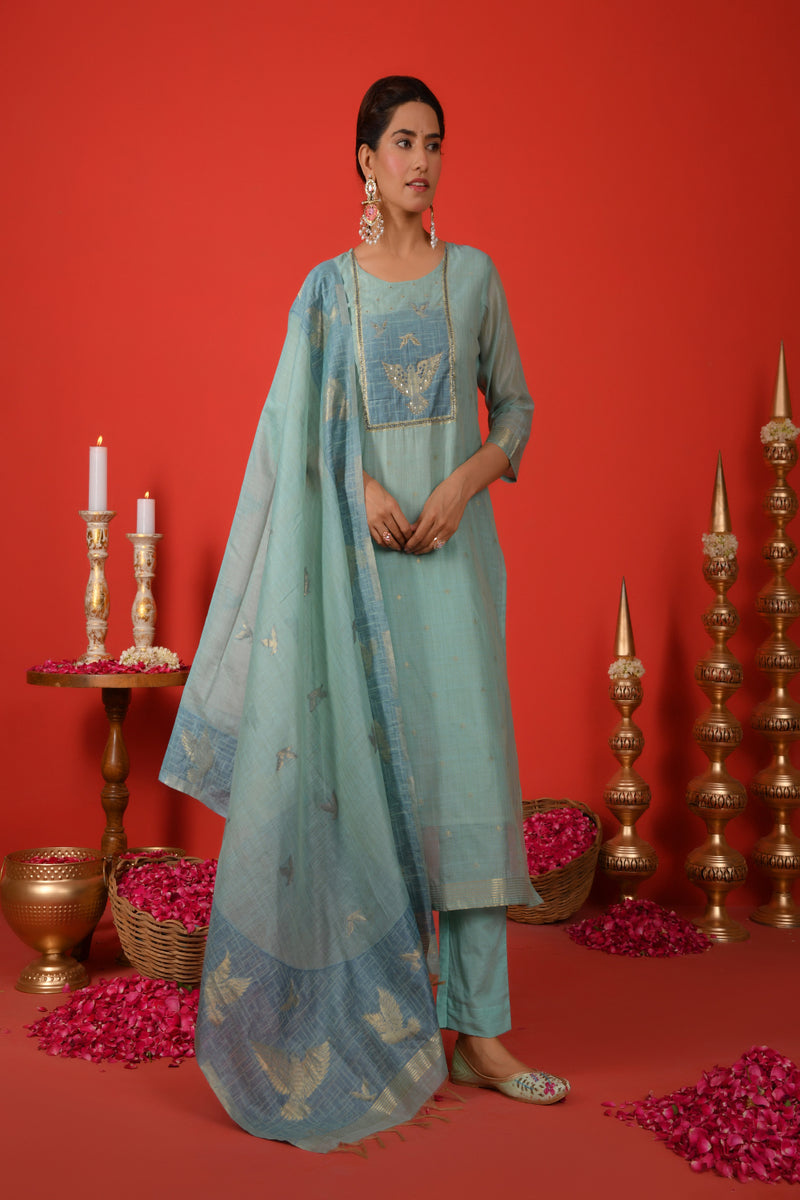 (Vaasva) Women sky blue bird pattern jamdani suit set (Set of 5pc)