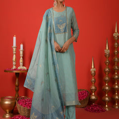 (Vaasva) Women sky blue bird pattern jamdani suit set (Set of 5pc)