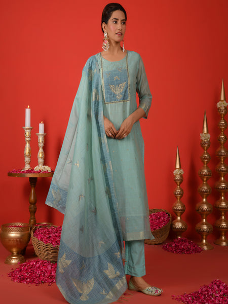 (Vaasva) Women sky blue bird pattern jamdani suit set (Set of 5pc)