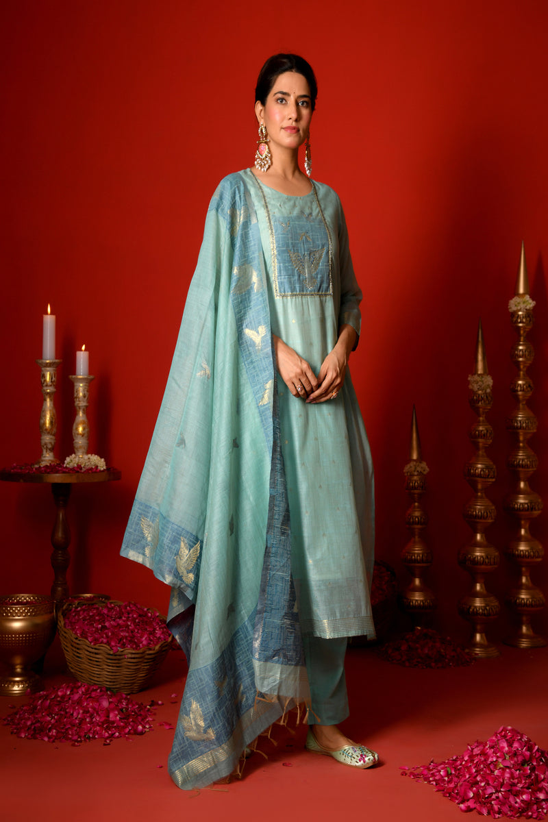 (Vaasva) Women sky blue bird pattern jamdani suit set (Set of 5pc)