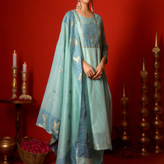 (Vaasva) Women sky blue bird pattern jamdani suit set (Set of 5pc)