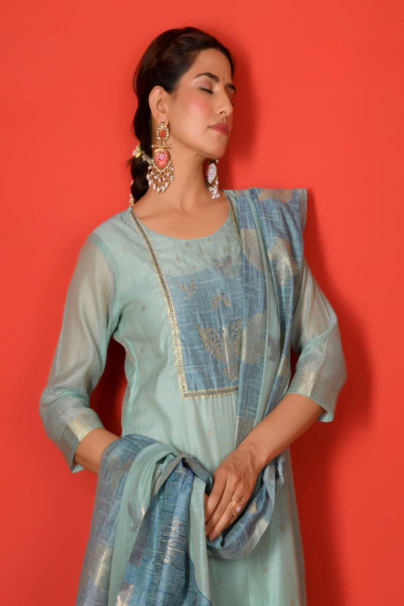 (Vaasva) Women sky blue bird pattern jamdani suit set (Set of 5pc)