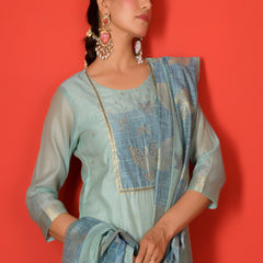 (Vaasva) Women sky blue bird pattern jamdani suit set (Set of 5pc)