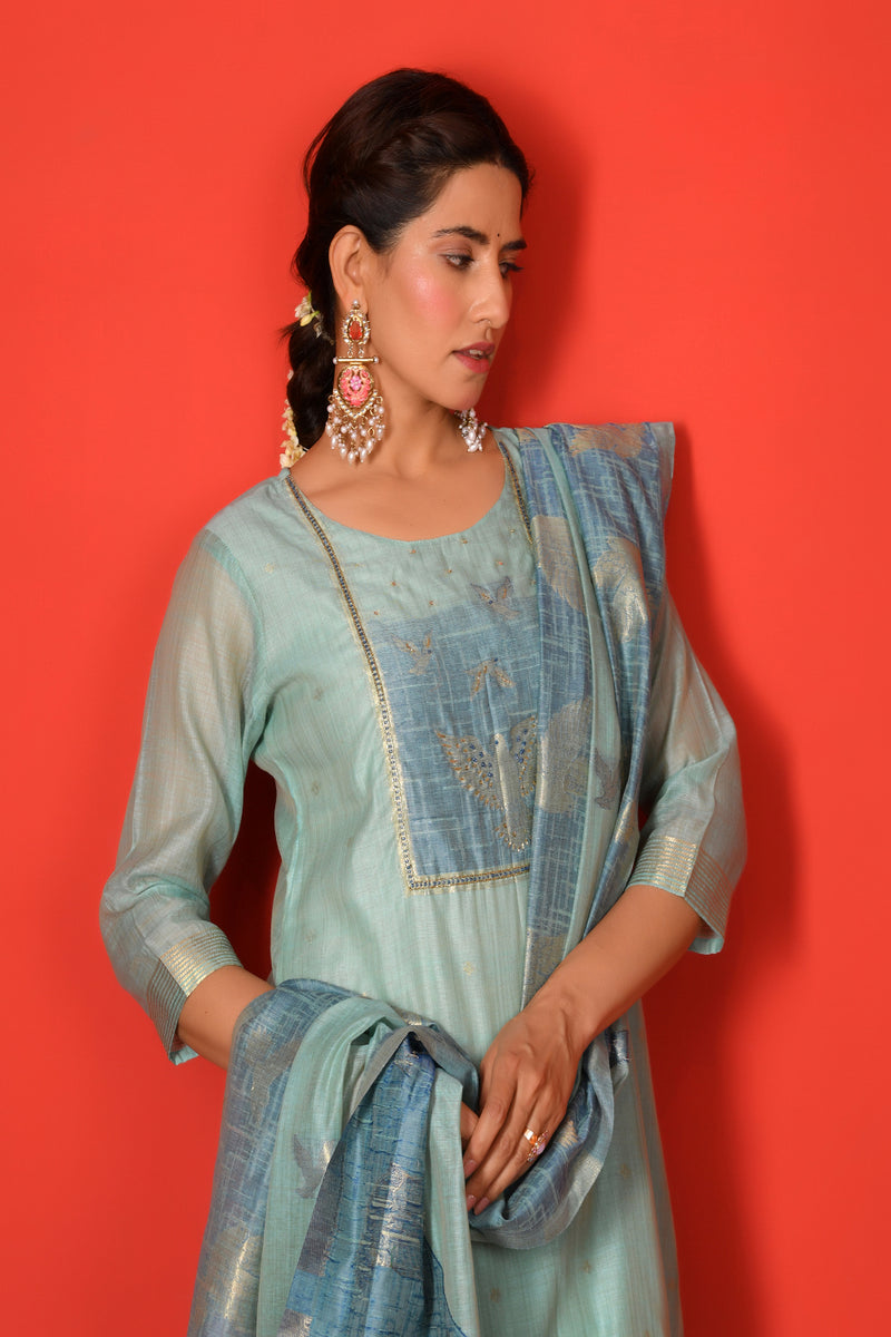 (Vaasva) Women sky blue bird pattern jamdani suit set (Set of 5pc)