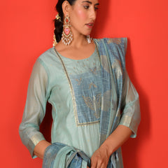 (Vaasva) Women sky blue bird pattern jamdani suit set (Set of 5pc)