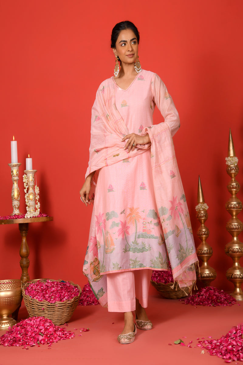 (Vaasva) Women Pink forest jamdani pattern (Set of 5pc)
