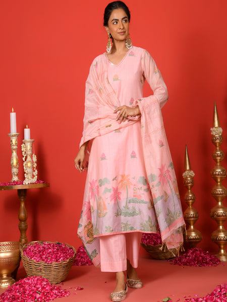 (Vaasva) Women Pink forest jamdani pattern (Set of 5pc)